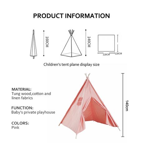 Kids Teepee Tent Cotton Canvas Indoor Playroom Playhouse Nook - Pink