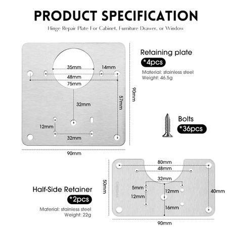 6-Piece Cabinet Hinge Repair Plate Set Stainless Steel Bracket Kit