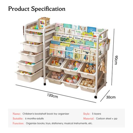 Kids Bookshelf Mobile Toy Storage Organiser Trolley Bookcase