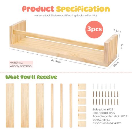 Solid Pine Wood Floating Shelves - 3-Pack