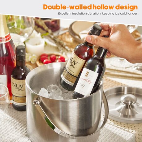 3L Stainless Steel Double Wall Ice Bucket with Lid, Tongs & Strainer