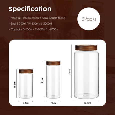 3Pc Acacia Wood Lid Airtight Glass Kitchen Pantry Food Storage Jar