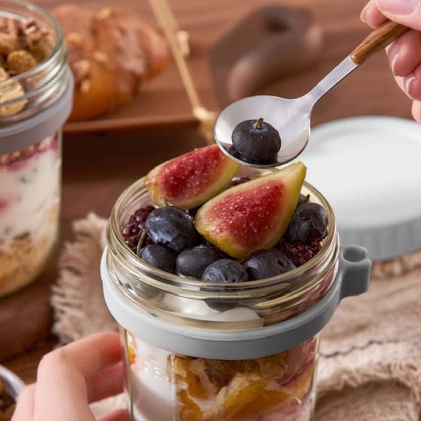 350ml Glass Overnight Oats Jars with Lids and Spoons - 2 Pack