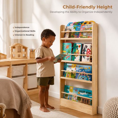 Solid Pine Kids Bookshelf | 4-Tier Front-Facing Display Rack