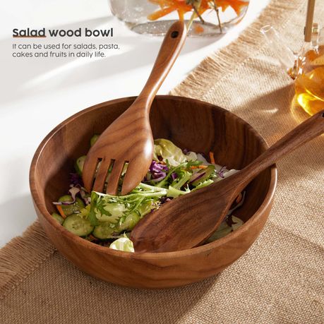 Chenshia Acacia Wood Salad Bowl With Fork Spoon Natural Tableware -23.7cm