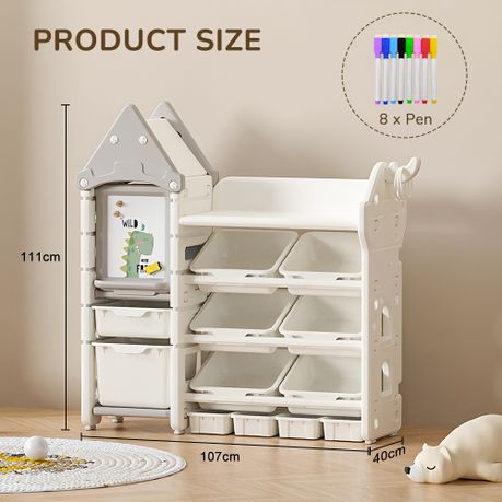 4-Tier Kids Toy Storage Organizer Cabinet with Bins & Drawing Board