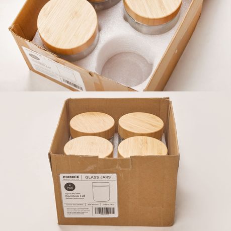 Chenshia 4Pc Overnight Oat Jars Airtight Container Bamboo Lid Glass Food Storage - 470ml