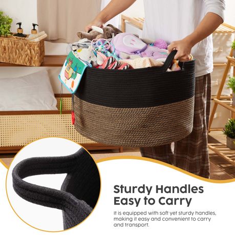 90L Woven Laundry Basket Foldable Storage Hamper - Black & Brown