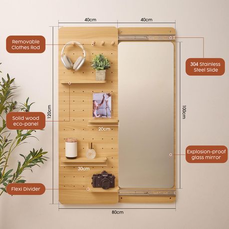 Full-Length Sliding Mirror with Solid Wood Pegboard & Hooks Storage