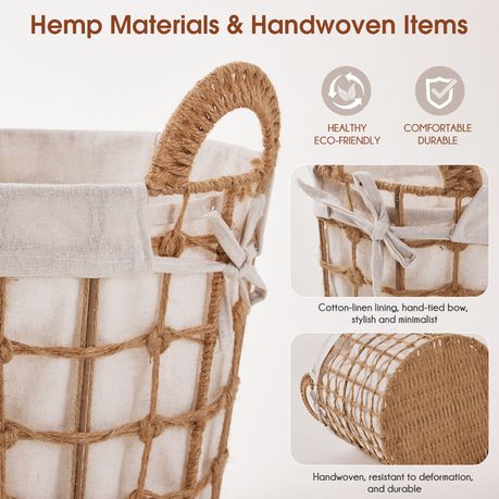 3Pc Woven Hemp Cotton Bedroom Laundry Toy Clothes Storage Basket