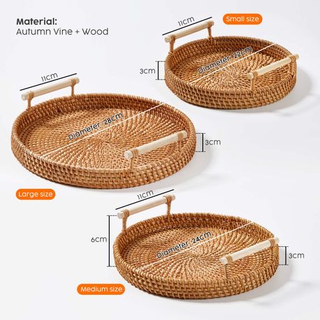 Kitchen Rattan Serving Tray Baskets with Bamboo Handles - 3Pc
