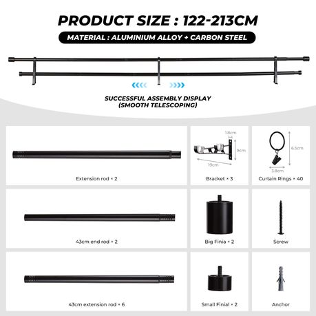 Adjustable Heavy-Duty Steel Double Curtain Rod Set with 40 Rings | 122–213 cm