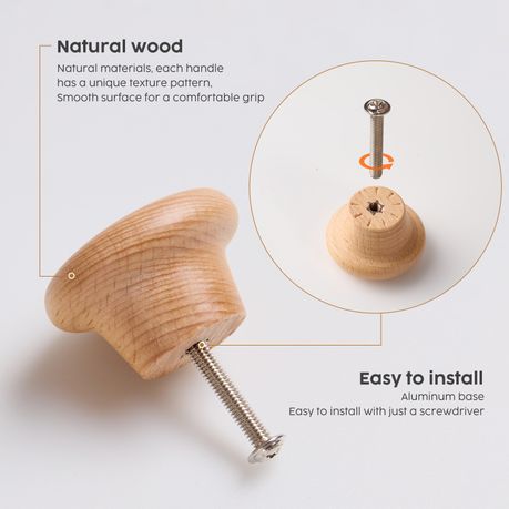 8Pc Round Wooden Mushroom Drawer Knobs with Screws
