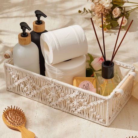 Boho Cotton Rope Storage Basket Woven Macrame Organizer Bin Twin Pack
