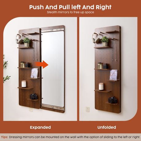 Full-Length Sliding Mirror with Solid Wood Pegboard & Hooks Storage - Brown