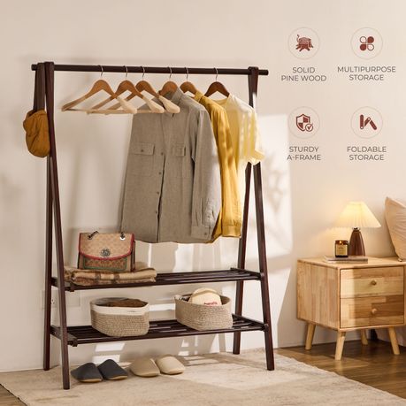 Solid Wood Freestanding Clothes Rack with Double Rail