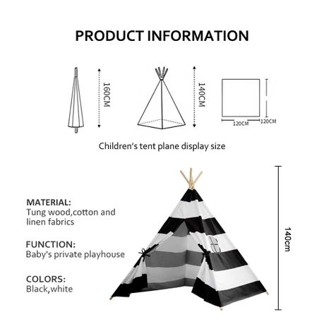 Kids Teepee Tent Cotton Canvas Indoor Playroom Playhouse Nook - Black & White
