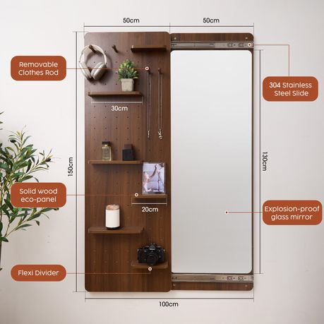 Full-Length Sliding Mirror with Solid Wood Pegboard & Hooks Storage - Brown