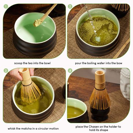 Japanese Matcha Gift Set - 4Pc Ceramic Bowl, Bamboo Whisk & Stand Spout
