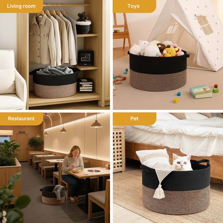 90L Woven Laundry Basket Foldable Storage Hamper - Black & Brown