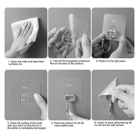 Self-Adhesive Hooks 10 Pack Transparent No Drill Heavy Duty Wall Hangers