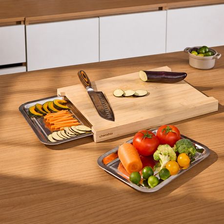 Bamboo Cutting Board with 2 Pull-Out Stainless Steel Trays