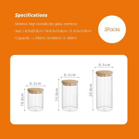 Airtight Borosilicate Glass Jar Set with Bamboo Lids - 3 Pack