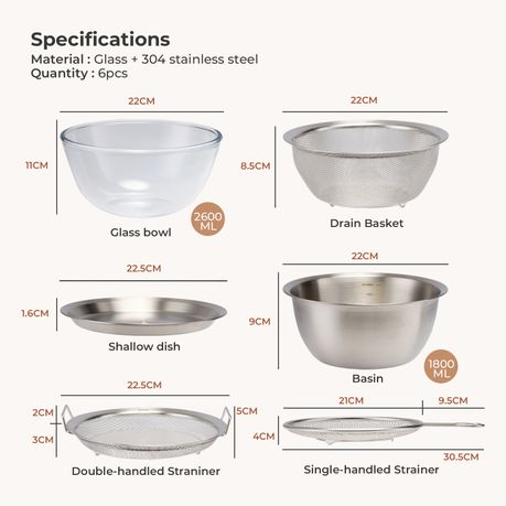6-Piece Stainless Steel & Glass Mixing Bowl Set