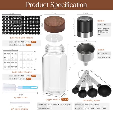 Chenshia 24-Piece Spice Jar Set Walnut Lids-Labels, Grinder, Pen & Funnel