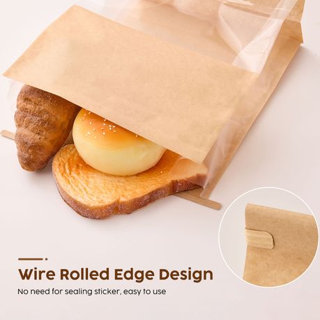 Chenshia 50pc Kraft Paper Bread Bags & Tin Ties Lock with Window