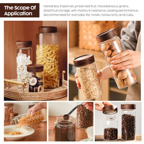3Pc Acacia Wood Lid Airtight Glass Kitchen Pantry Food Storage Jar