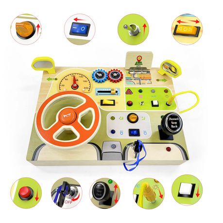 Wooden Car Steering Wheel Busy Board Electronic LED Sensory Travel Toy