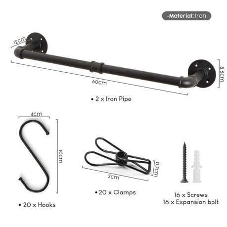 Wall Mounted Clothes Rail Industrial Black Iron Garment Rack - 2Pack