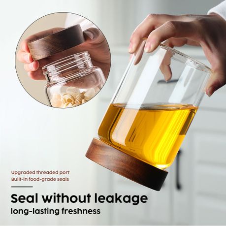 3Pc Acacia Wood Lid Airtight Glass Kitchen Pantry Food Storage Jar