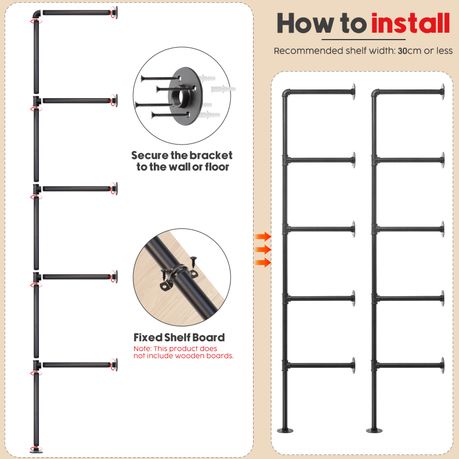 Chenshia 5-Tier Industrial Wall Mount Iron Pipe Shelving Bracket DIY Shelf