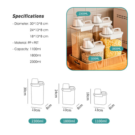 Clear Plastic Food Containers,Measured Pantry Organizer,Kitchen Jars-3 Pcs
