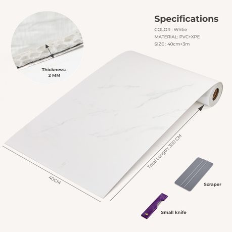 White Marble-Effect Self-Adhesive Vinyl Roll | 40 cm × 3 m