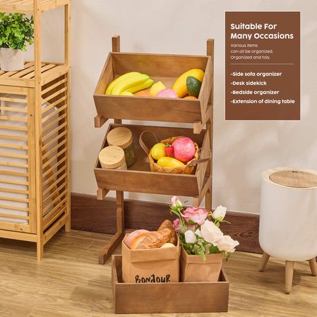 3-Tier Pine Wood Basket Display Stand Storage Shelf