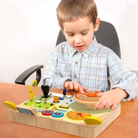 Wooden Car Steering Wheel Busy Board Electronic LED Sensory Travel Toy