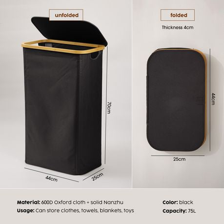 100L Collapsible Laundry Hamper with Lid & Removable Bag - Black