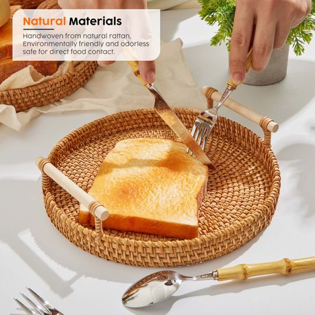Kitchen Rattan Serving Tray Baskets with Bamboo Handles - 3Pc
