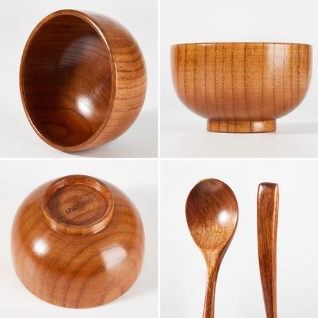 Wooden Poke Bowls Miso Soup Bowl Acai Smoothie Bowl Spoons Set - 6 bowls & 6 spoons