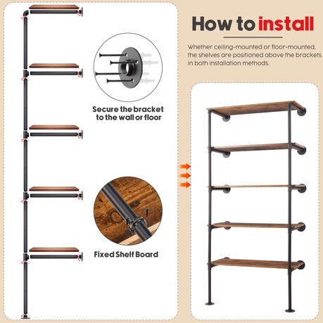 5-Tier Iron Pipe Open Shelf Storage Office Kitchen Floating Rack