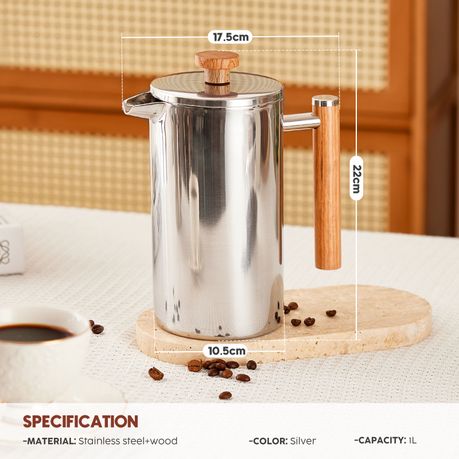 1L Stainless Steel French Press Coffee Maker - Silver