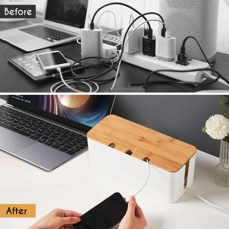 Airtight Cable Storage Box Set of 2 with Bamboo Lids | White