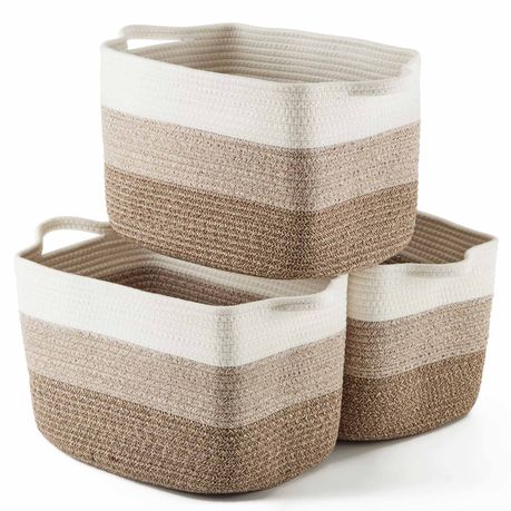 White & Brown Cotton Rope Storage Basket Set (3 Piece)