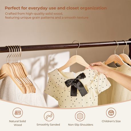 10Pc Wooden Kids Clothes Hangers with Anti-Slip Shoulder Grooves