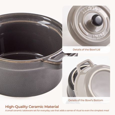 Grey Ceramic Ramekin Dishes with Lids Set - 220ml