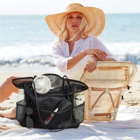 Mesh Multi-Pocket Beach Tote Foldable Nylon Travel Shoulder Bag