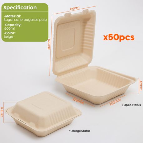 50PCS Sugarcane Take Out Containers Meal Prep Food Storage -1200ml